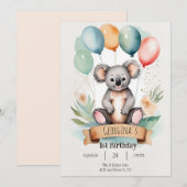 Invitation Jolie fille Koala Anniversaire (Devant / Derrière)