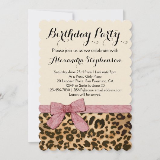 Invitation Jolie Fille Leopard Rose Bow fête d'anniversaire (Devant)