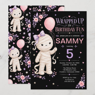 Invitation Jolie fille momie 5ème anniversaire rose violet