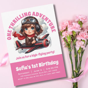 Invitation Jolie fille pilote d'avion, Anniversaire rose fémi