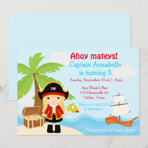 Invitation Jolie fille pirate blonde à la fête d'anniversaire