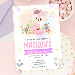 Invitation Jolie Fille Renard Floral de la Forêt 1er Annivers