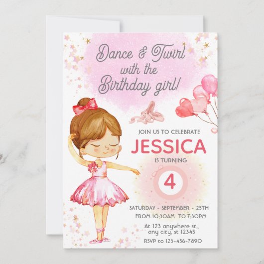 Invitation Jolie fille rose anniversaire ballet fête Invitati (Devant)