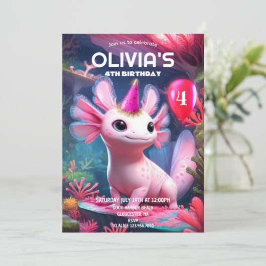 Invitation Jolie fille rose Axolotl Anniversaire (Debout devant)
