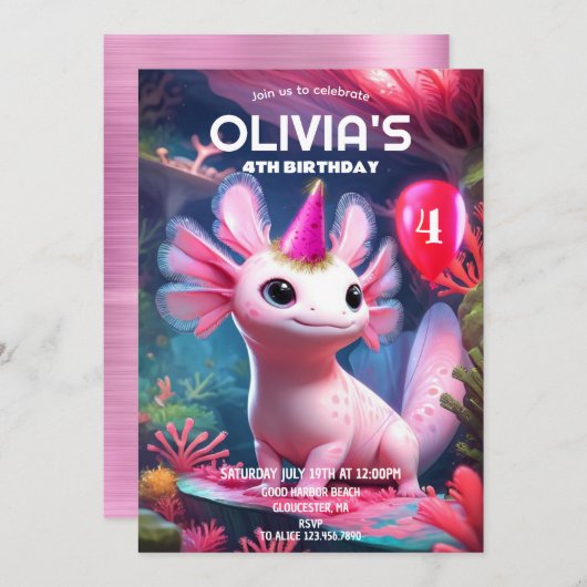Invitation Jolie fille rose Axolotl Anniversaire (Devant / Derrière)