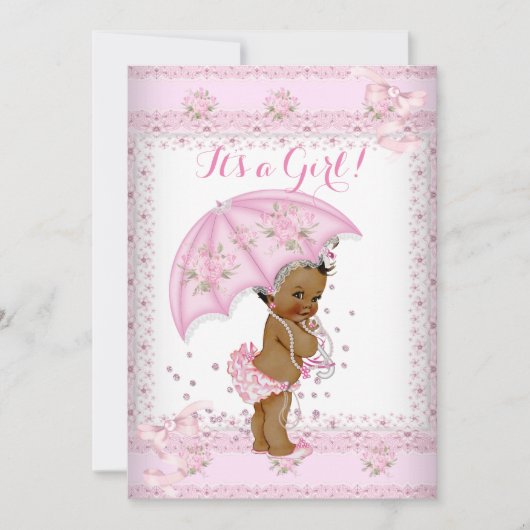 Invitation Jolie Fille Rose Baby Shower Fleur Parapluie EAA (Devant)
