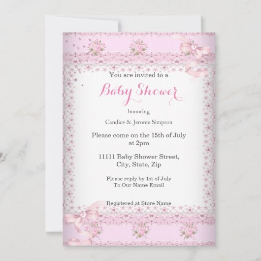 Invitation Jolie Fille Rose Baby Shower Fleur Parapluie EAA (Dos)