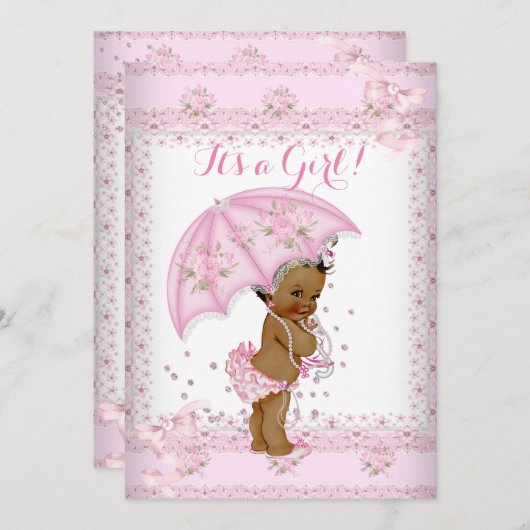 Invitation Jolie Fille Rose Baby Shower Fleur Parapluie EAA (Devant / Derrière)