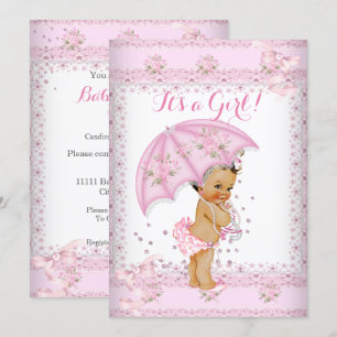 Invitation Jolie Fille Rose Baby Shower Parapluie Floral BR