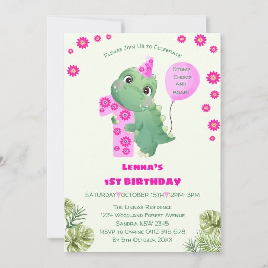 Invitation Jolie fille rose Dinosaur 1er anniversaire fête (Devant)
