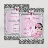 Invitation Jolie fille rose gris Baby shower Damas (Devant / Derrière)