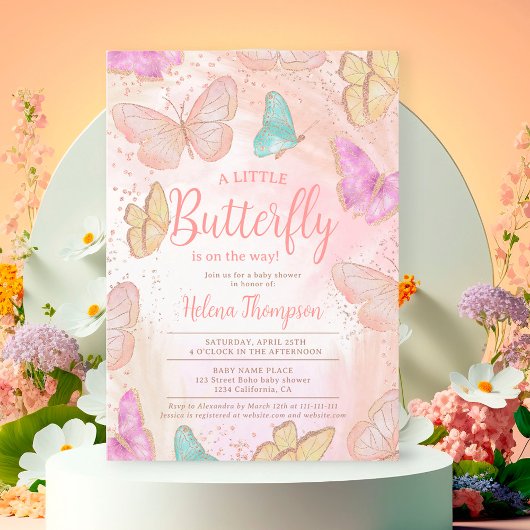 Invitation Jolie fille rose un petit papillon baby shower chi