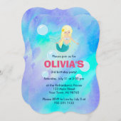 Invitation Jolie fille sirène Anniversaire Bleu Aquarelle (Devant / Derrière)