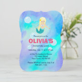 Invitation Jolie fille sirène Anniversaire Bleu Aquarelle (Debout devant)