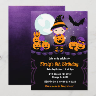Invitation Jolie Fille Sorcière et Citrouilles Fête d'anniver