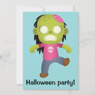 Invitation Jolie fille zombie de dessin animé pour fête d'Hal