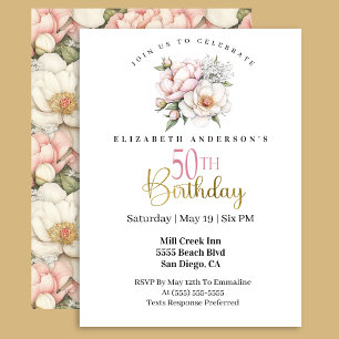 Invitation Jolie Fleur de Pivoine Rose Clair 50e Anniversaire