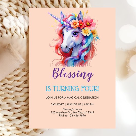 Invitation Jolie fleur licorne anniversaire