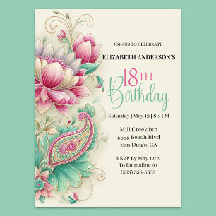 Invitation Jolie Fleur Paisley Élégante 18ème Anniversaire