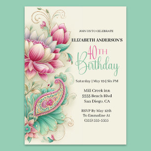 Invitation Jolie Fleur Paisley Élégante 40e Anniversaire