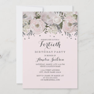 Invitation Jolie Fleur Rose Argent 40ème Anniversaire