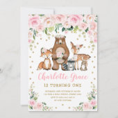 Invitation Jolie Fleur Rose Bois Animaux Fille Anniversaire (Devant)
