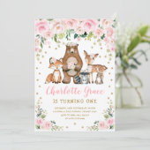 Invitation Jolie Fleur Rose Bois Animaux Fille Anniversaire (Debout devant)