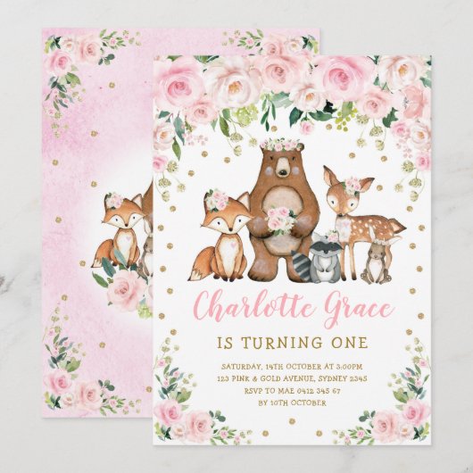 Invitation Jolie Fleur Rose Bois Animaux Fille Anniversaire (Devant / Derrière)