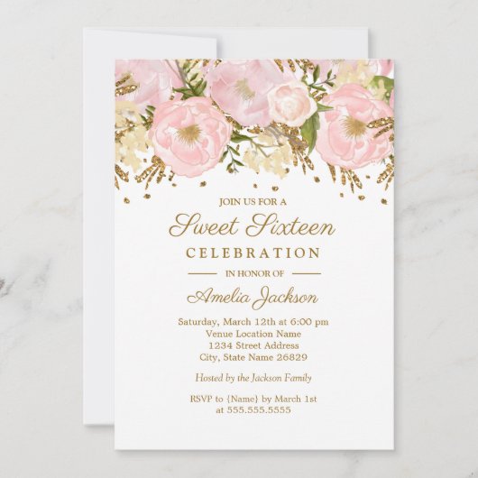 Invitation Jolie Fleur Rose Pâle Or Douze Ans (Devant)