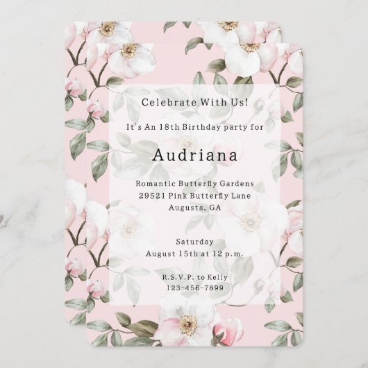 Invitation Jolie Fleurs Blanches Rose Anniversaire (Devant / Derrière)