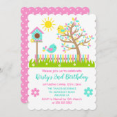 Invitation Jolie Fleurs d'arbre d'été Oiseaux Fête d'annivers (Devant / Derrière)