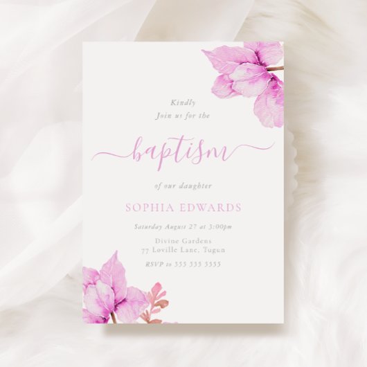 Invitation Jolie Fleurs Roses Bébé Filles Baptême