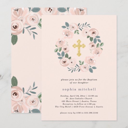 Invitation Jolie Fleurs Roses Bleues et Croix d'Or | Baptême (Devant / Derrière)