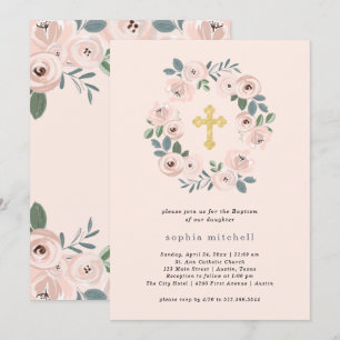 Invitation Jolie Fleurs Roses Bleues et Croix d'Or   Baptême