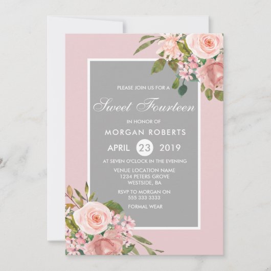 Invitation Jolie Fleurs roses Filles 14e anniversaire Invitat (Devant)