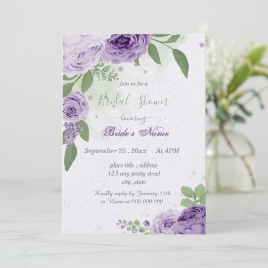 Invitation Jolie fleurs violettes vert feuille douche nuptial (Debout devant)