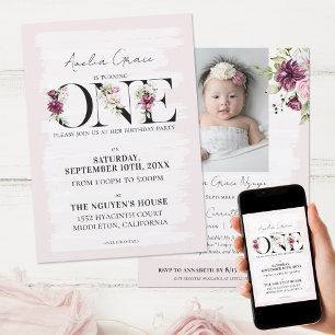 Invitation Jolie Floraison Rose pour la Première année de Béb