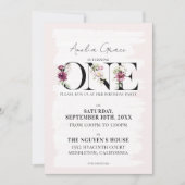 Invitation Jolie Floraison Rose pour la Première année de Béb (Devant)