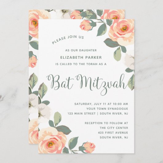Invitation Jolie florale de pêche| Bat mitzvah (Devant / Derrière)