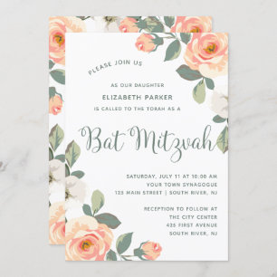 Invitation Jolie florale de pêche  Bat mitzvah