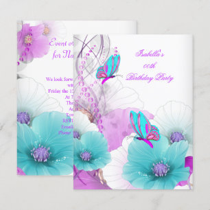 Invitation Jolie florale Turquoise papillon rose fête d'anniv