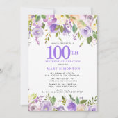 Invitation Jolie florale violette 100e fête d'anniversaire (Devant)