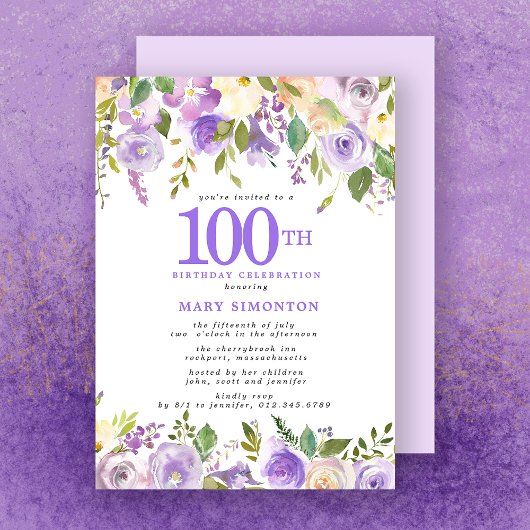 Invitation Jolie florale violette 100e fête d'anniversaire
