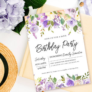 Invitation Jolie florale violette 60e fête d'anniversaire