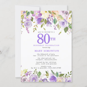 Invitation Jolie florale violette 80e fête d'anniversaire