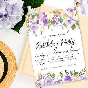 Invitation Jolie florale violette 80e fête d'anniversaire