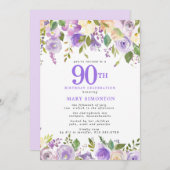 Invitation Jolie florale violette 90e fête d'anniversaire (Devant / Derrière)