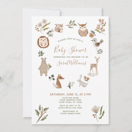 Invitation Jolie forêt Animaux Script Baby shower Boho (Devant)