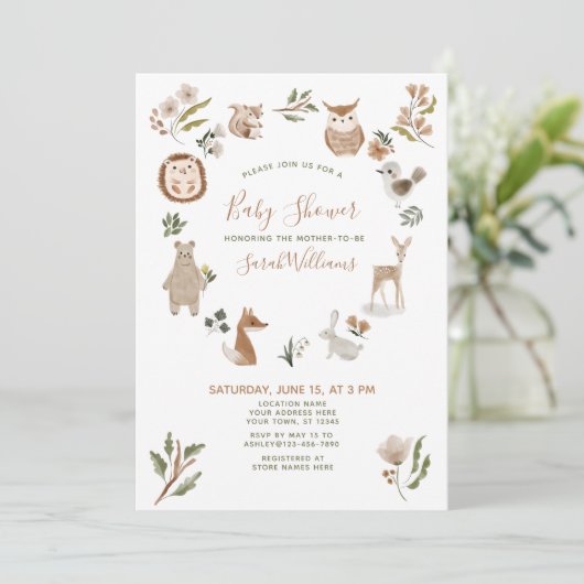 Invitation Jolie forêt Animaux Script Baby shower Boho (Debout devant)