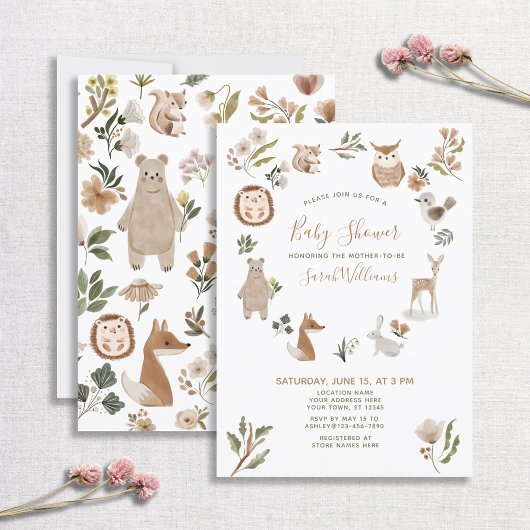 Invitation Jolie forêt Animaux Script Baby shower Boho